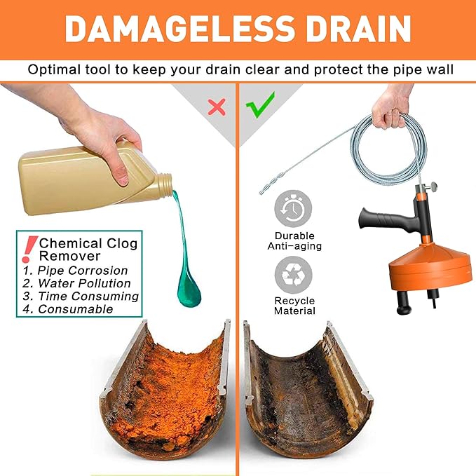 BACOENG 50Ft Drain Auger, Heavy Duty Plumbing Snake with Drill Adapter, Use Manually or Powered for Drain Clog, Shower Sink, Comes with Gloves and Bag (Orange)