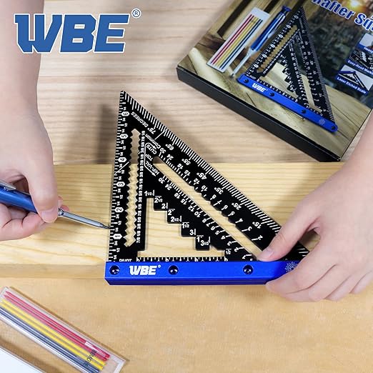 7inch Rafter Square with Carpenter Pencil, 1/8" Precision Heavy Duty Aluminum Woodworking Rule,Laser Etched Scale, Triangle-Ruler Measuring Layout Tool -Blue (Blue & Black)
