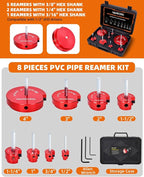 8 Pieces PVC Pipe Reamer Kit with 1/2 inch, 3/4 inch, 1 inch, 1-1/4inch, 1-1/2inch, 2inch, 3inch, 4inch, Aluminum PVC Fitting Saver, Plumbing Tools for SCH40, Fit into Standard 1/2" Drills