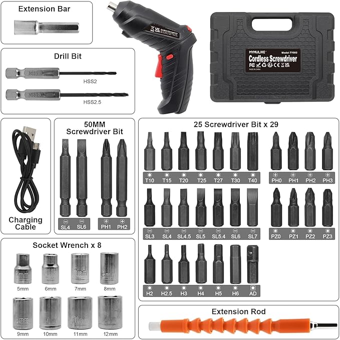 Cordless Electric Screwdriver, 3.6V Rechargeable Power Screwdriver with 47 pcs Accessories, usb charging, 3Nm Screw Gun, mini Carrying screwdriver set with LED Light for Electric Power Drill