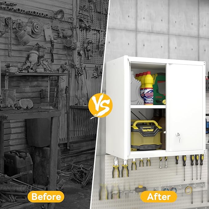 GREATMEET Locking Metal Wall Cabinet, Metal Wall Cabinets for Garage, Wall Mount Cabinet with Lock, Upper Cabinets Wall Mounted, Hanging Utility Cabinet with Adjustable Shelf