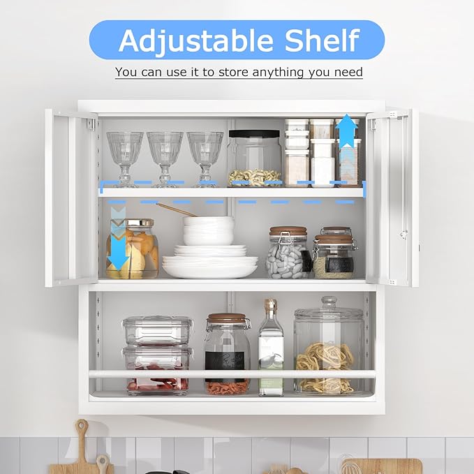 Metal White Cabinet Wall Mounted, Small Wall Storage Cabinets with 2 Door Adjustable Shelves, Bathroom Metal Wall Cabinet Over Toilet for Laundry Room Kitchen, Garage