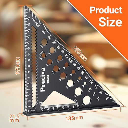 Preciva Carpenter Square 7 inch, 1/16" Precision Rafter Square Aluminum Alloy with Limiter and Pencil, Multi-Purpose Carpenter Tool Measuring Layout Tool for Woodworking and Carpentry