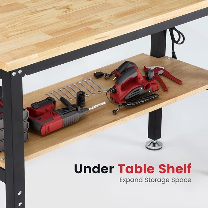 48 Inch Work Table for Garage Adjustable Height Rubber Wood Tabletop Workbench with Storage Work Bench Table with Power Outlets Pegboard Pad for Woodworking Shop Home Office