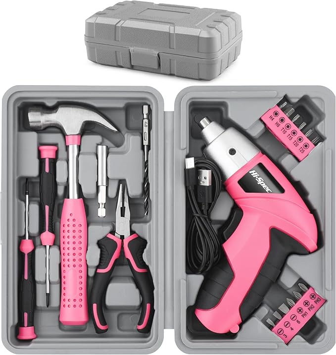 Hi-Spec 19pc 3.6V Pink USB Small Power Screwdriver & Home DIY Tool Kit Set. Cordless & Rechargeable Electric Screwdriver and Compact Hand Tool Box Set