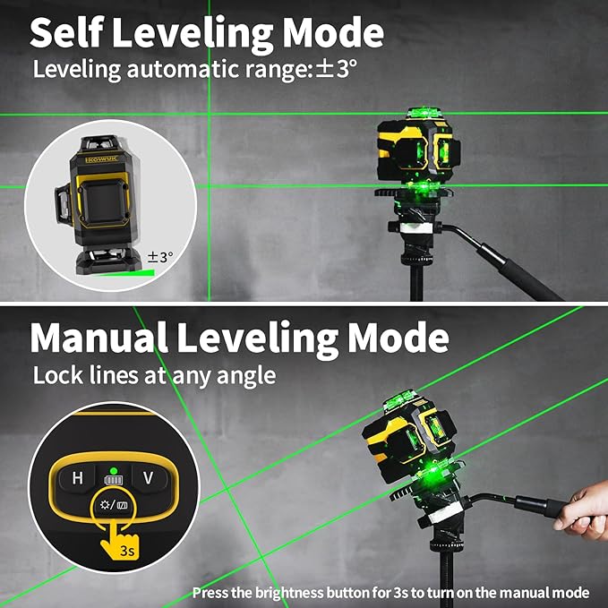 IKOVWUK 4x360° Laser Level Pro Kit, Self-leveling Tool for Construction, Tiling Floor & Picture Hanging, 4D Cross Line Laser Level with Fine-tuning Bracket, 16 Lines Laser level with 2*4000mAh Battery