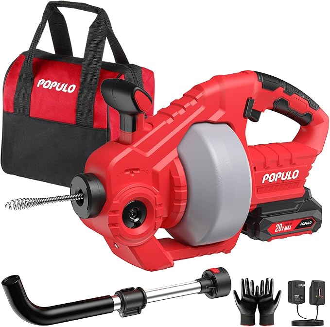 POPULO 20V Cordless Electric Drain Snake, 25Ft Replaceable Cable with 2.0Ah Battery, Extension Tube & Charger, Snake Drain Clog Remover Tool for Toilet, Floor Drain, Sink and Shower 3/4"-2" Pipe