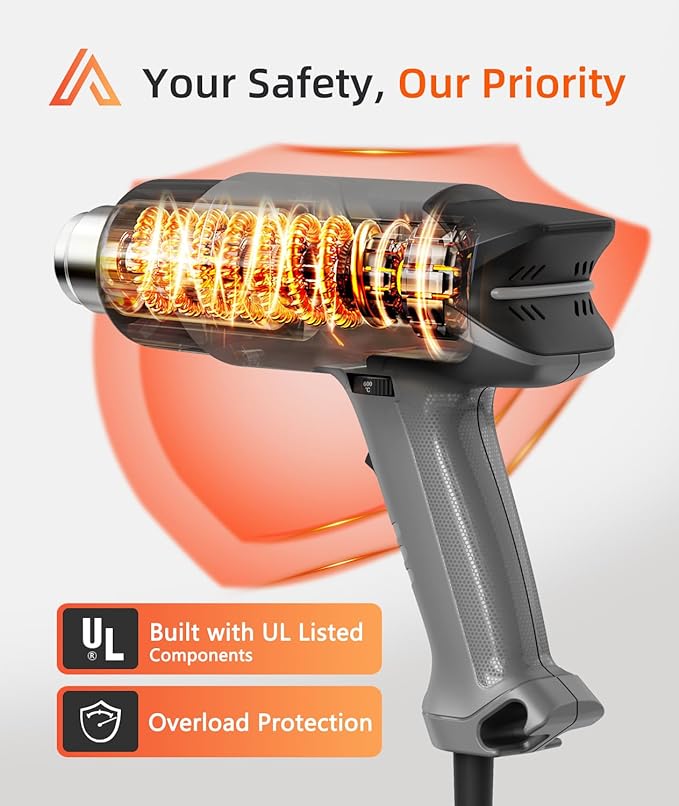 Heat Gun with 6 Precise Temperature Settings 100-600°C (212-1112°F) Fast Heating Hot Air Gun with 2 Settings Control, Speed-Up Cooling, Compact & Lightweight Design