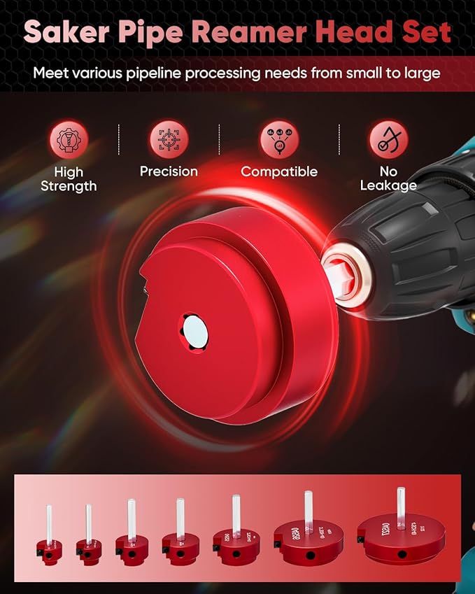 Saker PVC Pipe Reamer Kit, PVC Fitting Saver with 3/4inch, 1 inch, 1-1/4inch,1-1/2inch, 2inch,3inch,4inch Head, For SCH40, ABS Pipe,CPVC Perfect for Plumbing Repairs, Fits Standard 1/2" Drill