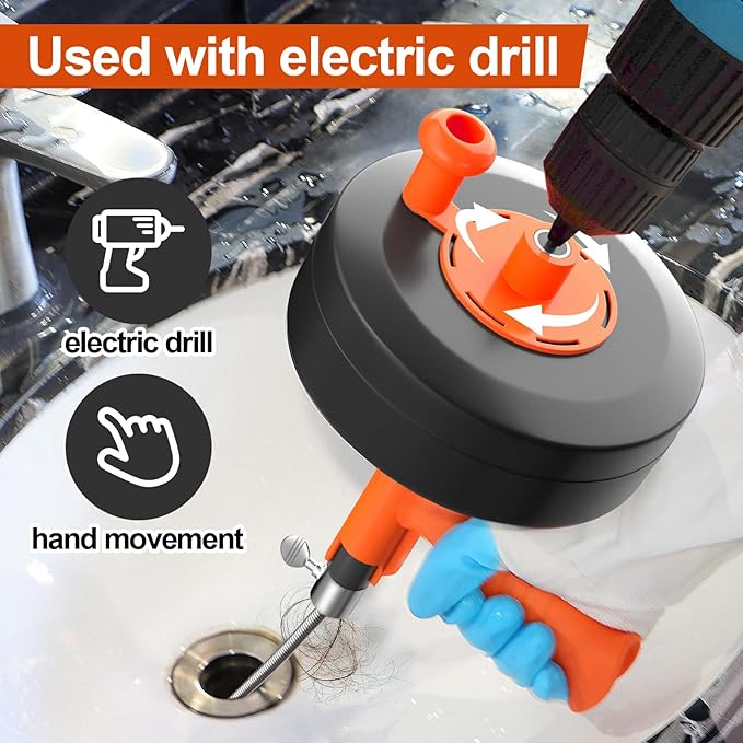 Drain Auger, Plumbing Snake With Drill Adapter, 35ft Heavy Duty Flexible Sink Steel Plumbing Auger Bathroom Hair Clog Removal Tool, Manual Or Powered - No auto retract or feed