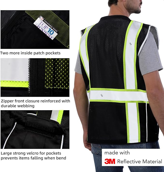 Dib Safety Vest Reflective Black Mesh, High Visibility Vest with Pockets and Zipper, Heavy Duty Vest Made with 3M Reflective Tape 2XL