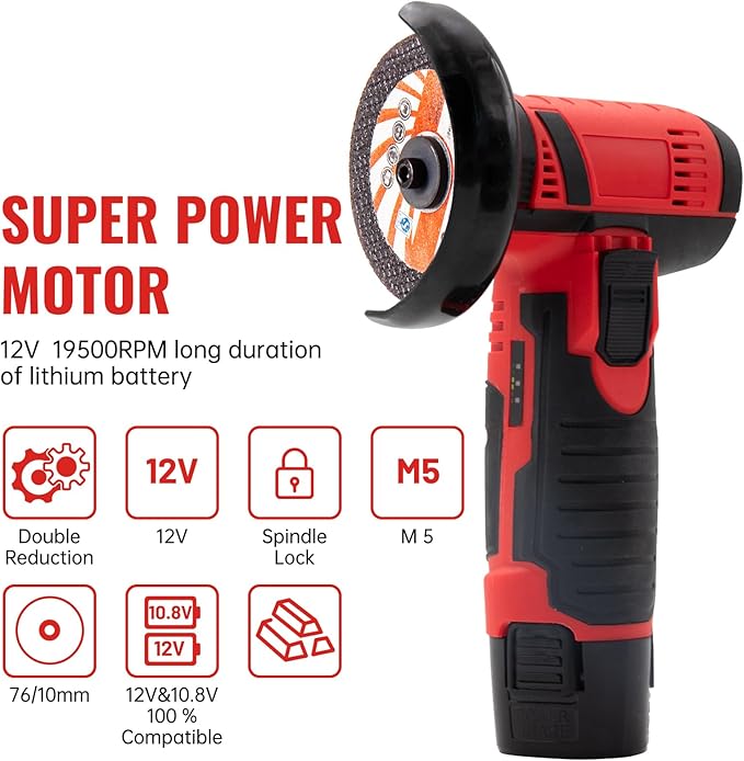 Housiwill Mini Angle Grinder Tool, 19500RPM Cordless Angle Grinder, Cordless Electric Power Angle Grinder Tool with 2pcs Batteries, 76mm Grinder Handheld Cutter for Metal Wood Grinding and Cutting