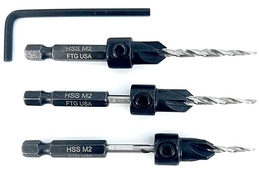 FTG USA Countersink Drill Bit Set 3 Pc #6 (9/64") with Tapered Drill Bits for Woodworking
