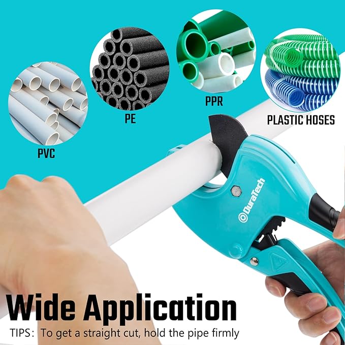 DURATECH Ratchet PVC Pipe Cutter, Cuts up to 1-5/8" PEX, PPR, PE and Plastic Hoses, with PTFE-Coated Sharp Blade,Suitable for Home and Plumbing Repairs