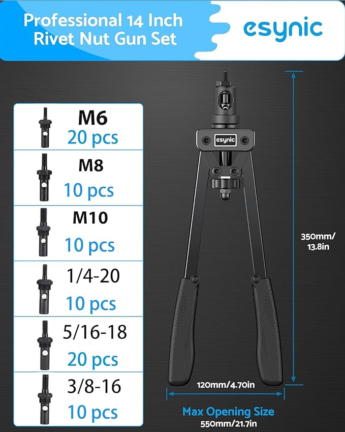 eSynic Professional Rivet Nut Tool Kit - 14" Heavy Duty Rivnut Gun with 6 Mandrels & 80pcs Nuts- Metric & SAE Thread Set for Metal/Wood/Auto Repair, Ergonomic Comfort Grips & Carrying Case Included