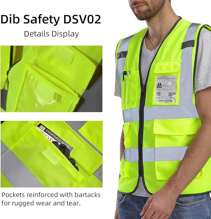 Dib Safety Vest Reflective ANSI Class 2, High Visibility Vest with Pockets and Zipper, Hi Vis Yellow 5 Pack S