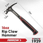ARROW 16 oz Straight Claw Hammer, Rip Claw Hammer with Side Nail Puller, Milled Face & Shock Absorbing Grip, One-piece Forged Hammer
