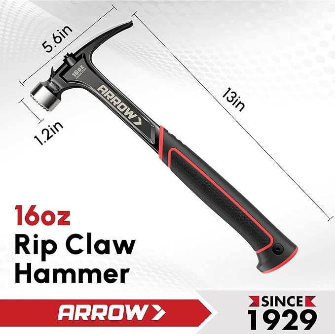 ARROW 16 oz Straight Claw Hammer, Rip Claw Hammer with Side Nail Puller, Milled Face & Shock Absorbing Grip, One-piece Forged Hammer