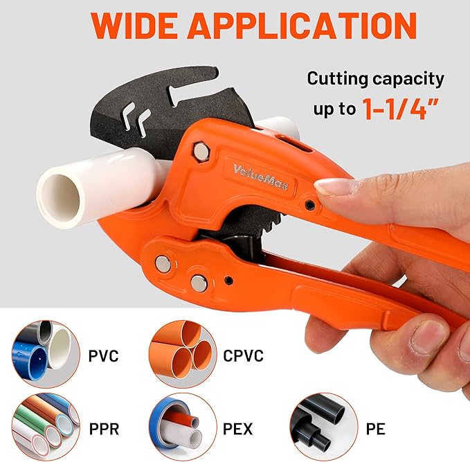 ValueMax PVC Pipe Cutter, Cuts up to 1-1/4", SK5 Blade PVC Cutter Tool, Ratcheting PVC Cutter, Pipe Cutter for PVC, PEX, PPR, Plastic Pipes
