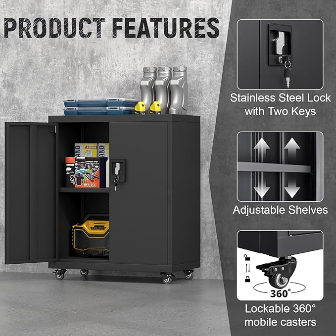 Metal Garage Storage Cabinet with Wheels,31.89" H Steel Lockable Cabinet with 2 Doors and 1 Adjustable Shelf, Small Rolling Cabinets for Home Office, Garage, Black