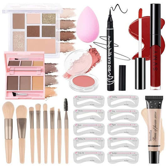 Makeup Kit for Teens Girls, Makeup Present Set for Women, Makeup Full Kit for Beginners, Mini Makeup Bundle Include 7 Nude colors Matte & Shimmer Pigmented Eyeshadow Palette, Eyebrow Powder-VeraVaultWomen