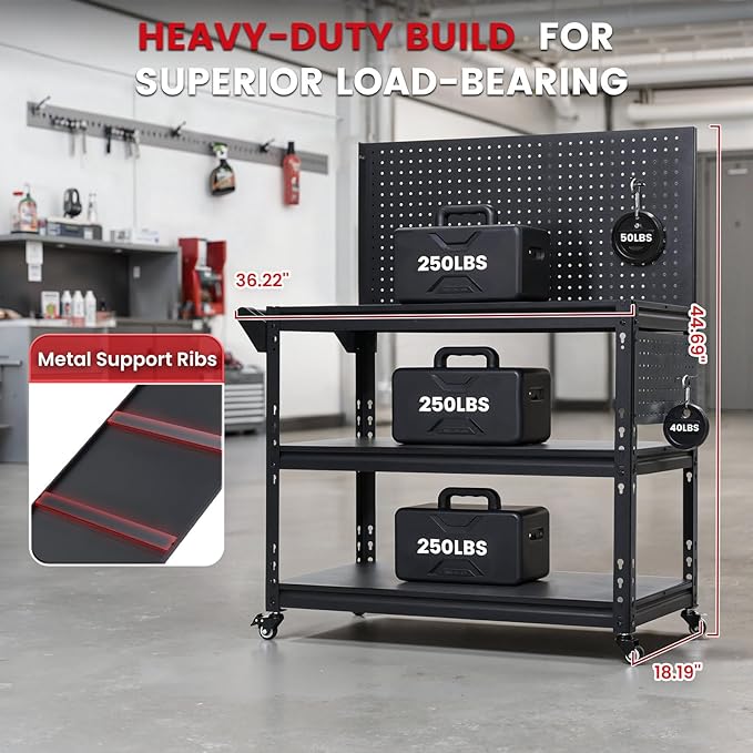 Workbench with Dual Pegboards 3-Tier Adjustable Rolling Work Table Heavy Duty Metal Tool Bench with Push Handle & Wheels Mobile Workstation for Garage, Workshop, Warehouse