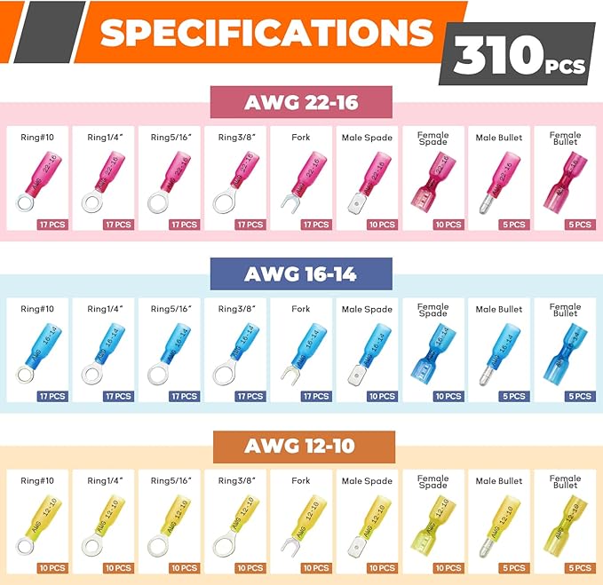 Crimping Tool For Heat Shrink Connectors, 310PCS Waterproof Automotive Marine Grade Heat Shrink Wire Connectors, AWG 22-10 Tinned Red Copper, 27 Sizes (Ring, Fork, Spade, Bullet, Splice)