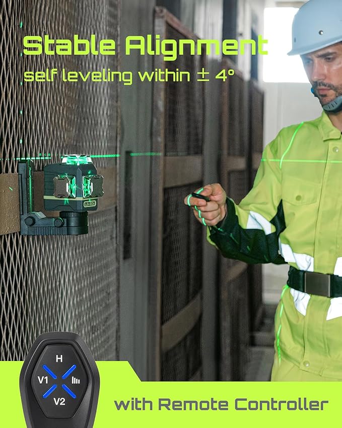 Laser Level Self Leveling 360°x3 Green Cross Line Laser Tool for Construction and Picture Hanging, Remote Control, Professional Magnetic Rotating Stand, 2 Rechargeable Batteries - LG-3Ds