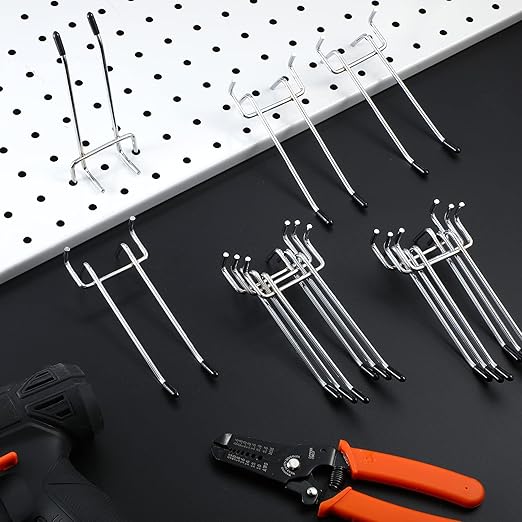 Shimeyao 50 Pack Pegboard Hook Stainless Steel Peg Board Tool Utility Hooks Double Arm Pegboard Display Hook Hanging for 1/8 Pegboard Accessories Garage Storage Organizer, 0.13'' Thick(4.72'')