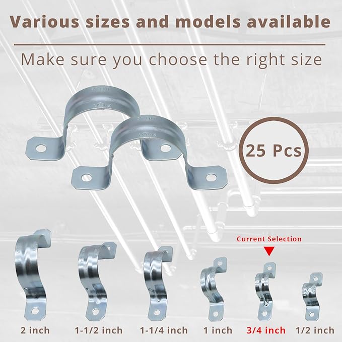 zinc plated steel pipe clamp,Steel Rigid Pipe,Holes Cable U Bracket Pipe Clamp,Electrical Conduit Straps (Two Holes, 3/4 inch-25pcs)
