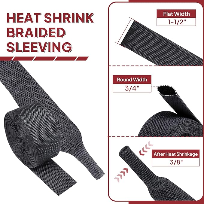 Heat Shrinkable Braided Sleeving 2:1 Ratio- Abrasion Protection Flexibility Wiring Harness Cable Sheath (3/4" ID, 16ft)