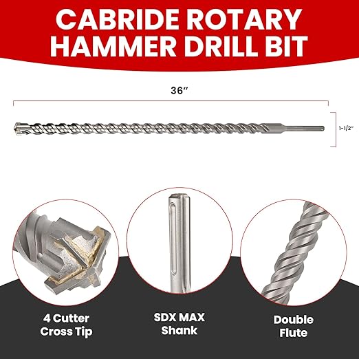 1-1/2 X 36 in SDS MAX Bits, Rotary Hammer Drill Bits, Carbide Drill Bits, Masonry Drill Bits for Concrete, Stone and Brick, SDS MAX Hammer Double Flute, Masonry Drill Bit, Concrete Drill Bit
