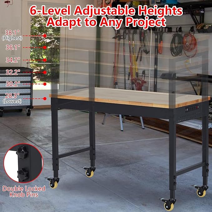 72'' Adjustable Workbench, Heavy Duty Workbench with Power Outlet and Lockable Wheels, 2000 LBS Capacity, Work Table Suitable for Office, Garage, Workshop