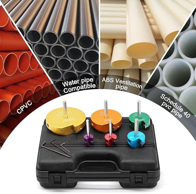 04529 Colored PVC Pipe Reamer, PPRK6 Plastic PVC Pipe Fitting Reamer Kit, Pvc Fitting Saver Fit into Standard 1/2" Drills Pipe Reamer Tool Contains PPR75, PPR100, PPR150, PPR200, PPR300, PPR400