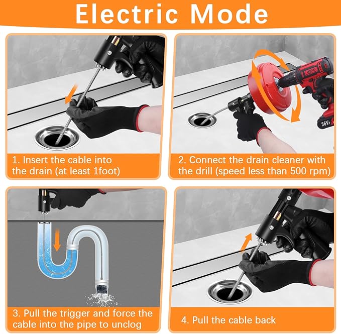 25 FT Drain Snake 2.0 with Double Mode, 10-In-1 Drain Auger for Sink and Drain Unblocking, Plumbing Snake for Real DYIs