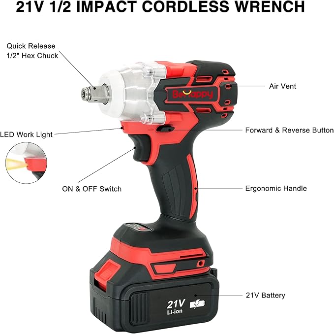 BeHappy Power Impact Wrench 21V, 1/2" Cordless Impact Wrench with 4.0Ah Li-ion Battery for Home, DIY