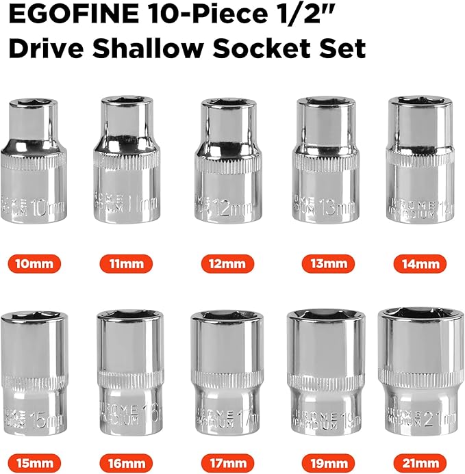 Egofine 10PCS 1/2” Drive Standard Socket Set,Shallow Socket Set,Metric Socket Set（10mm-21mm,6 Point Socket Set With Hanging Bracket,Cr-V Steel