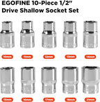 Egofine 10PCS 1/2” Drive Standard Socket Set,Shallow Socket Set,Metric Socket Set（10mm-21mm,6 Point Socket Set With Hanging Bracket,Cr-V Steel