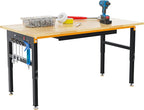 60" Adjustable Height Workbench, 2000 LBS Heavy Duty Work Table with Power Outlets & Pegboard, Rubber Wood Workstation for Garage, Workshop, Office, Home, Commercial