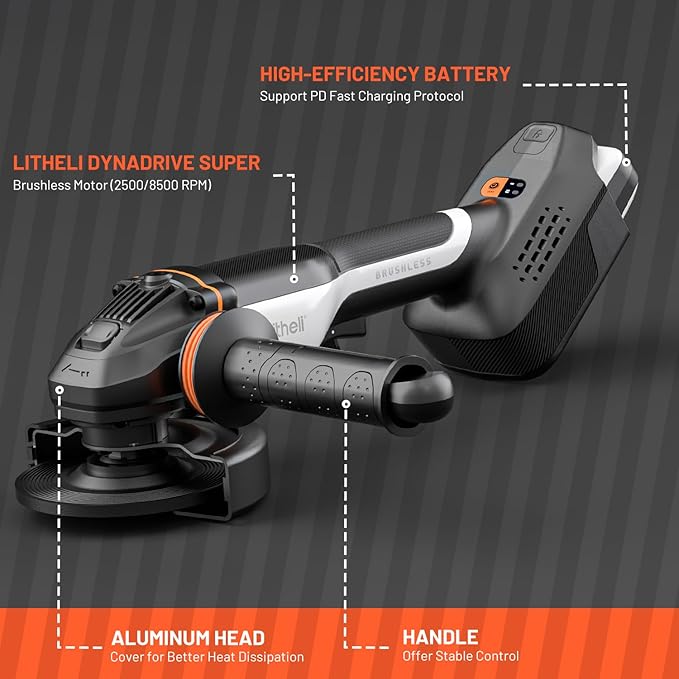 Litheli 20V Brushless Cordless Angle Grinder, 4.9-Inch Variable Speed Grinder with Battery & Charging Cord, Max 8500 RPM, for Metal, Wood, Tile (Adapter Not Included)