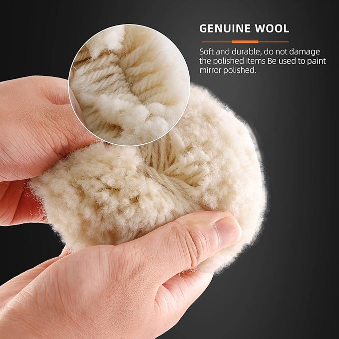 SPTA Wool Polishing Pad, 5Pcs 3"(75mm) 100% Natural Wool Buffing Pad with 1Pc Hook&Loop Backing Pad, 1Pc Extension Shank for Drill Polisher Cutting, Car Body Repair Buffing