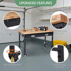 48'' Adjustable Workbench, Heavy Duty Workbench with Drawer, Power Outlet and Lockable Wheels, 2000 LBS Capacity, Work Table Suitable for Office, Garage, Workshop