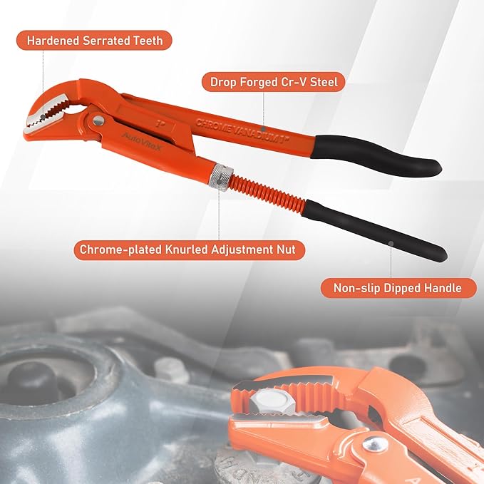 12-Inch Swedish Pipe Wrench, Heavy Duty Adjustable Plumbing Wrench with 45°Angled Jaw for All Types of Nuts, Water Pipes