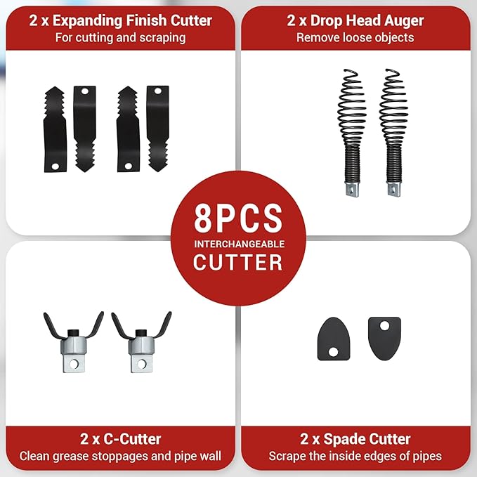 Auto Feed 100 FT x 3/8 Inch Drain Cleaner Machine with 250W Motor, Portable Sewer Snake Auger with 8 Cutters & Air-Activated Foot Switch, Fits 1" to 4" Pipes, Black & Red