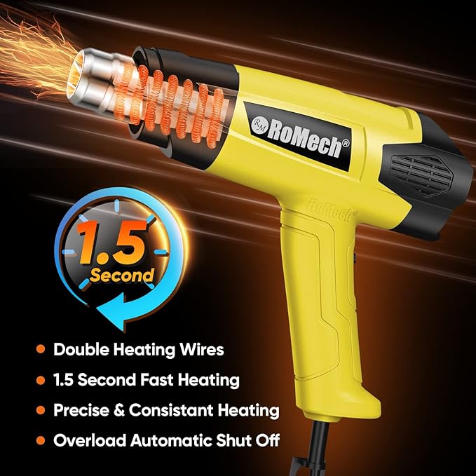 ROMECH 1500W Heavy Duty Heat Gun, Variable Temperature Control Hot Air Gun Kit with 2 Air Flow 120°F~1200°F and 4 Nozzles for Crafts Shrink Wrap (Yellow)