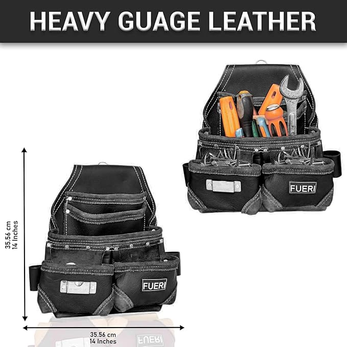 FUERI Leather Tool Belt Bag Men Pouch Heavy Duty Tools Pouches Organizer for Carpenter Construction Electrician Belts Bags Holder (16 Pocket Black, Adjustable)