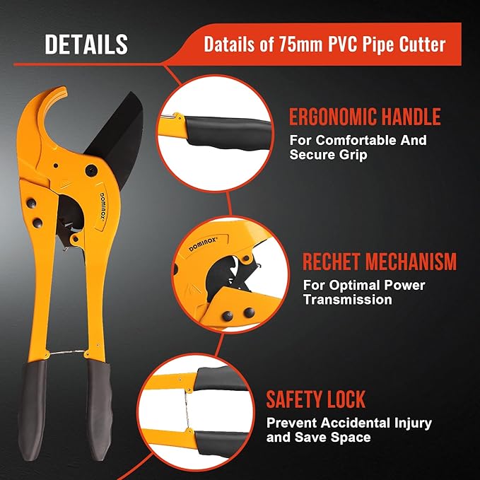DOMINOX Heavy Duty PVC Pipe Cutter - Cuts Up to 2-7/8", 75mm Ratchet Type PVC Cutter SK5 Blade and Aluminum Alloy Body, One-hand Rapid Cutting Tool for PEX, PVC, and PPR Pipe