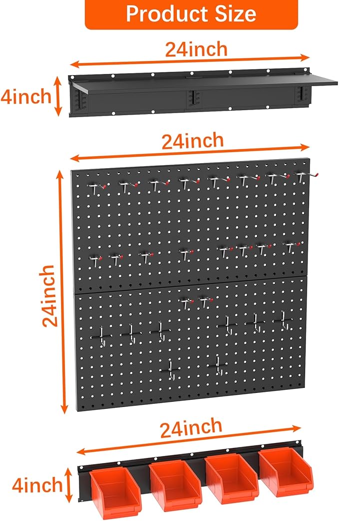 TORACK Garage Metal Pegboard with Accessories, Tools Organizer Peg Board with Pegboard Hooks, Bins, Tool Storage Pegboards for Wall(Black)