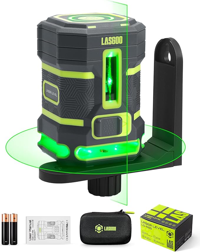 Green Laser Level Self Leveling, 360° Horizontal Laser with Vertical Laser Line, 4 Brightness Levels Pulse Mode for Floor Tile Wall Construction, L-Bracket, Batteries and Carry Bag Included