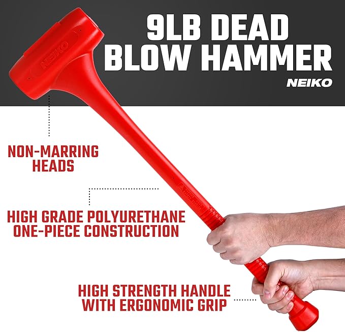 NEIKO 02884B 9 Lb Dead Blow Hammer, 30” Long, Red, Unibody Molded, Ergonomic Textured Handle, Spark and Rebound Resistant, One Piece Steel Core, 3 Inch Head